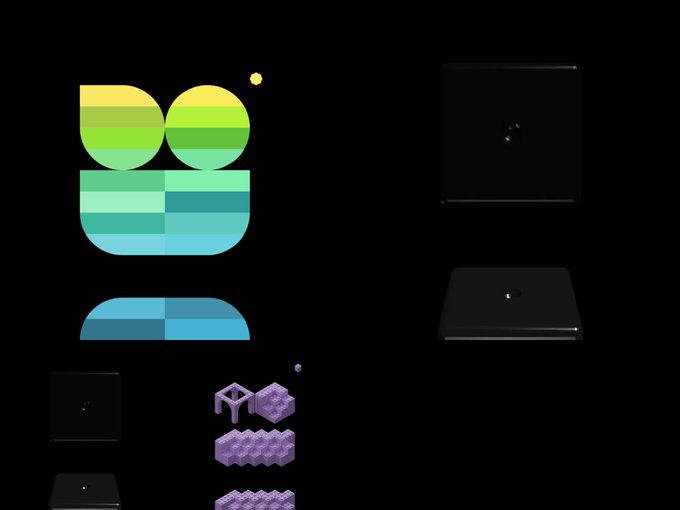 A black background displaying pixel-art graphics including a colorful gradient figure, blocky structures, and dark square tiles resembling game assets or sprites.