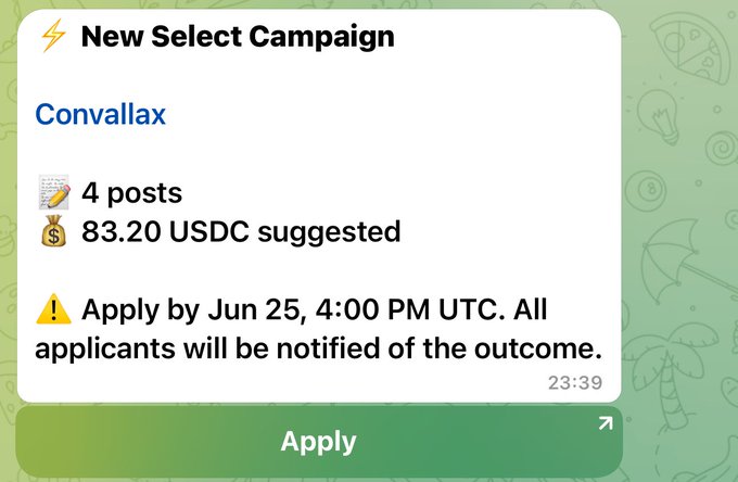 The image shows a phone screen with an email message displayed, which appears to be from a campaign for Convallax. The message contains information about applying for a job at Convallax, stating that applications will be notified of the outcome by June 25th.