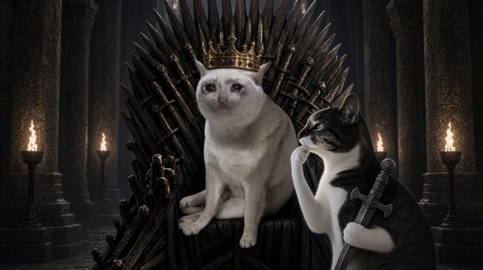Two cats sit on the Iron Throne from Game of Thrones, one wearing a crown and the other holding a sword, in a dimly lit stone hall.