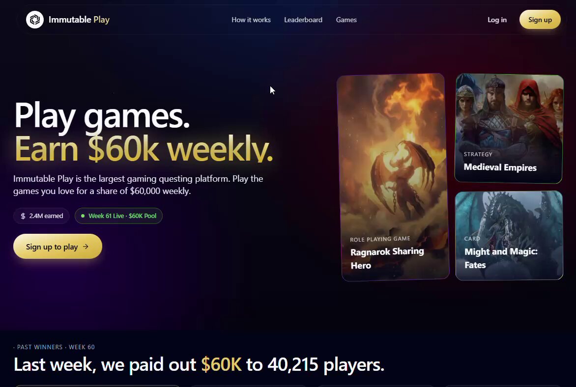 The image shows a website for an immersive gaming platform called @Immutable Play. The platform features a landing page dedicated to offering $60k weekly rewards in exchange for playing video games. Two game options are available, one of which appears to be related to medieval era and magic adventures like @MedievalEmpires and @MightMagicFates, as indicated by the image. 

This post emphasizes the rewards offered on @Immutable Play and draws attention towards these games through an appealing comparison with @MedievalEmpires and @MightMagicFates, which are popular among gamers. The main focus of the post is on the rewards provided by @Immutable Play for users who play video games on their platform.