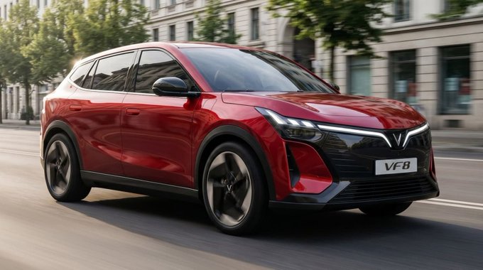 A red VinFast VF6/VF8 electric SUV driving on a city street, with the distinctive V-shaped VinFast logo visible on the front grille.