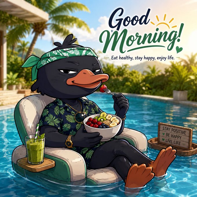 The image features a cartoon duck sitting in an inflatable chair by a pool of water. The duck has a bowl filled with fruit in its lap, suggesting that it's enjoying a healthy snack while relaxing. The background includes palm trees and other elements typical of a tropical setting. The caption at the bottom of the post reads "Good morning friends Happy Friday to all Recharging with @wallchain and locked in to build. Let’s make today productive, happy and straight-up successful!".