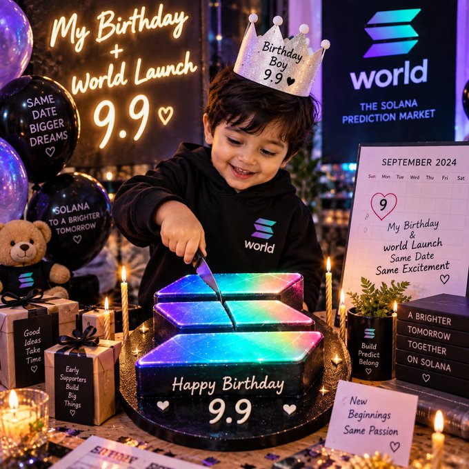 A young child wearing a 'Birthday Boy 9.9' crown cuts into a galaxy-themed 'Happy Birthday 9.9' cake at a celebration that also serves as the world launch for 'world,' labeled as 'The Solana Prediction Market.'
