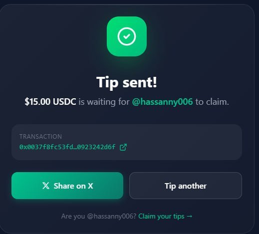 A confirmation screen shows a $15.00 USDC tip was successfully sent to @hassanny006, displaying the transaction hash "0x0037f8fc53fd…0923242d6f" alongside a "Share on X" button and a link to claim the tip. The image visually confirms the tip mentioned in the accompanying post about rewarding the most active XyloNet Discord member via Arc.