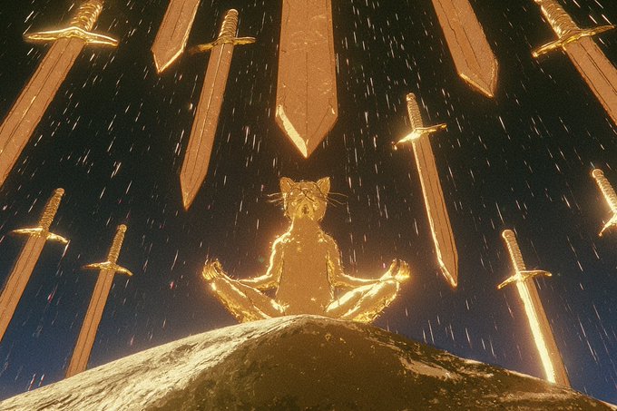 A digital artwork depicting a golden cat meditating in a lotus position atop a rock, surrounded by floating golden swords against a dark, starry sky.