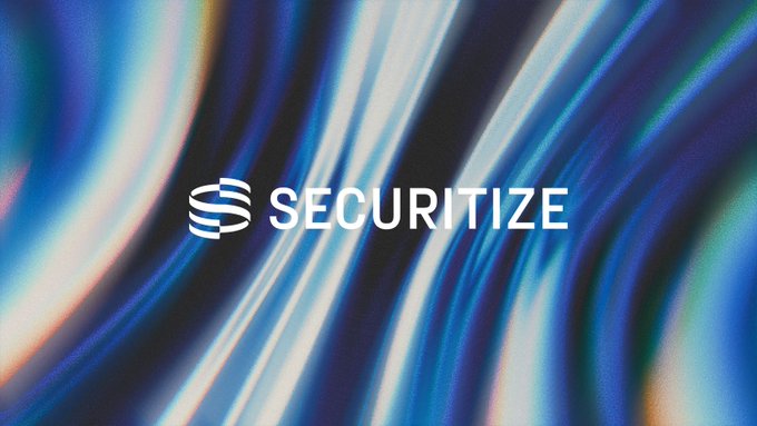 Securitize logo displayed in white text against a swirling, iridescent blue background with light streaks.