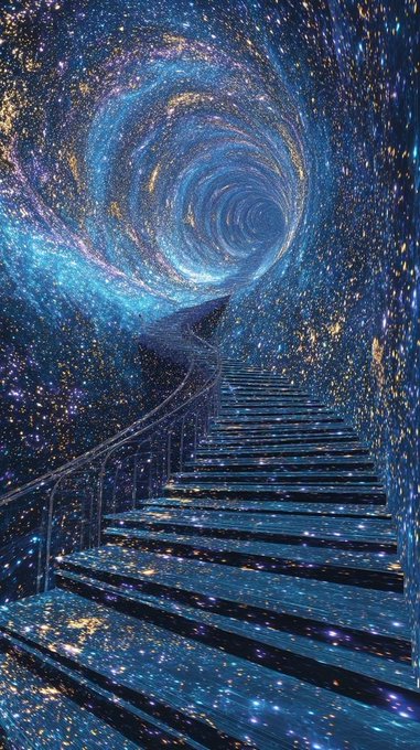 The image features a staircase that leads down into space, surrounded by stars and planets. The stairs are blue and appear to be made of wood or metal. The background is filled with stars and other celestial bodies, creating an immersive and surreal atmosphere. The caption suggests that users who engage meaningfully on the post can level up their knowledge and understanding of various topics, such as web3 and airdrop altars.