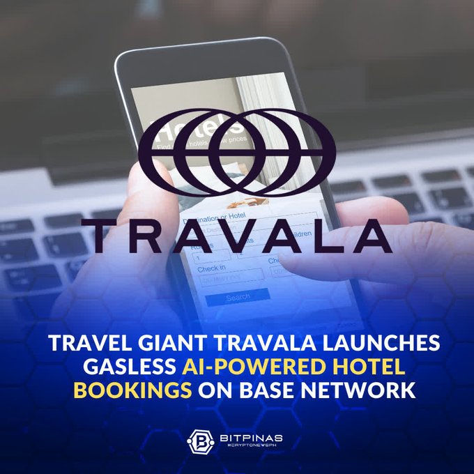 The image shows a person's hand using their cell phone with the word "travala" written on it, which appears to be related to travel or hotel bookings. A photo showcasing the phone screen displays several bookings for an AI-powered hotel booking platform called travalacom, launching giant trips that are gasless and using AI bot technology to search and book over 2.2 million hotels worldwide with USDC payments via the x402 standard. The text in the image provides information about this new system which aims to reduce transaction costs by $0.01 per booking through a smart automated process powered by intelligent AI technology, potentially revolutionizing the travel industry.
