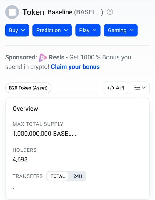 A token page for 'Baseline (BASEL...)' showing it as a B20 Token Asset with a max total supply of 1,000,000,000 and 4,693 holders.