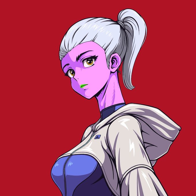 A digital illustration of a character with purple skin, white hair in a ponytail, and a white jacket against a red background.