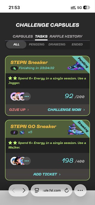 The image shows a phone screen displaying two different lists of sneakers, each with their own scores or points. The first list has a score of 6, while the second one has a score of 19. The posts are titled "Challenge Capsules" and "Stepi Go sneaker", indicating that they are related to a sneaker challenge or competition involving these two specific sneakers.

The image also includes a small text box with an arrow pointing towards it, which could be used for navigation purposes on the phone screen.