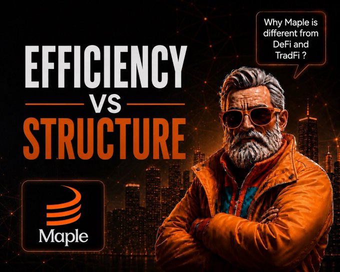 A promotional graphic titled 'EFFICIENCY vs STRUCTURE' featuring a bearded man in an orange jacket and sunglasses, with a Maple logo and a speech bubble reading 'Why Maple is different from DeFi and TradFi?'