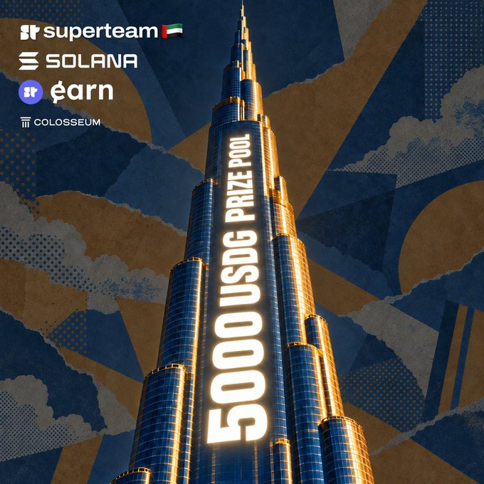 A promotional graphic featuring a tall skyscraper with '5000 USDC PRIZE POOL' written vertically, alongside logos for superteam, Solana, Earn, and Colosseum against a collage background.