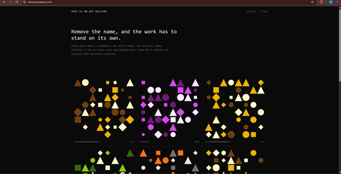 A screenshot of an online art gallery displaying abstract arrangements of geometric shapes in various colors, with the text "Remove the name, and the work has to stand on its own."