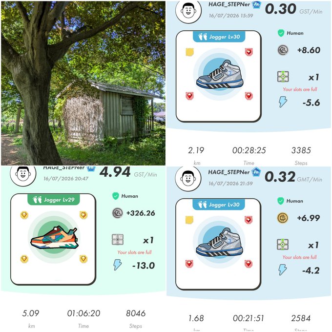 Collage of three STEP'N activity screenshots for user HAGE_STEPNer showing jogging sessions earning GST/GMT, alongside a photo of a wooden shed under a large tree.