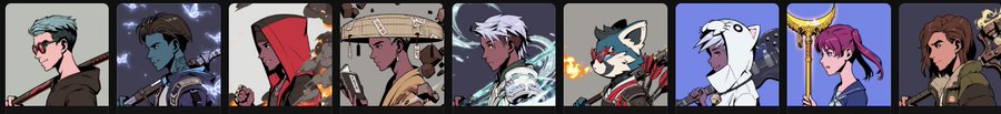 A row of character avatars from a role-playing game featuring various fantasy characters including warriors, mages, and warriors with different weapons and outfits.