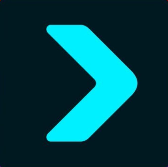 A bright cyan chevron pointing right on a dark teal/black square background.