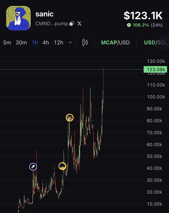 A cryptocurrency price chart for the 'sanic' token showing a market cap of $123.1K with a 106.2% increase over 24 hours.