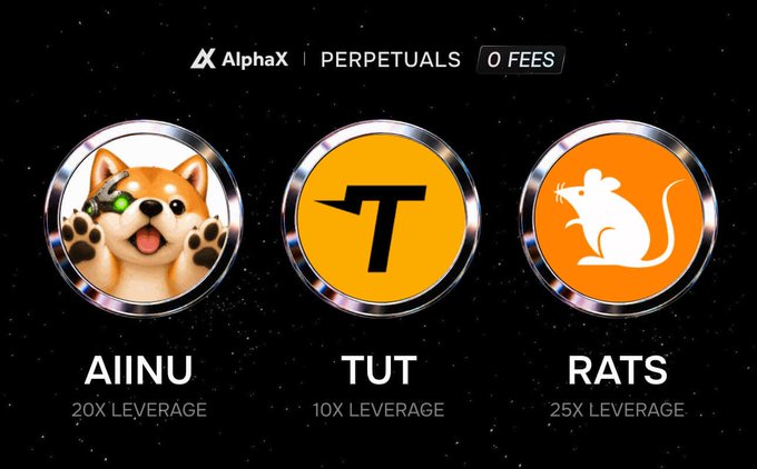 A promotional graphic for 'AlphaX | PERPETUALS 0 FEES' displaying three tokens with leverage: AIINU (20X Leverage), TUT (10X Leverage), and RATS (25X Leverage).