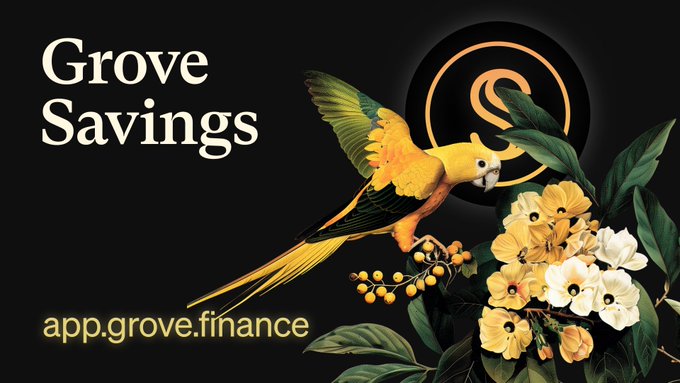 A promotional banner for "Grove Savings" featuring a vibrant yellow-and-green parrot perched among tropical foliage against a black background, with the URL "app.grove.finance" displayed at the bottom and a stylized "S" emblem, visually tying the app's branded identity to its promise of easy access to Sky Ecosystem's reward-bearing stablecoin savings.