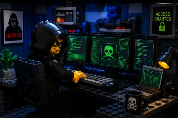 Stylized LEGO scene of a hooded hacker working at multiple monitors displaying green code and skull graphics, with 'HACKER' and 'ACCESS GRANTED' signs on the walls.