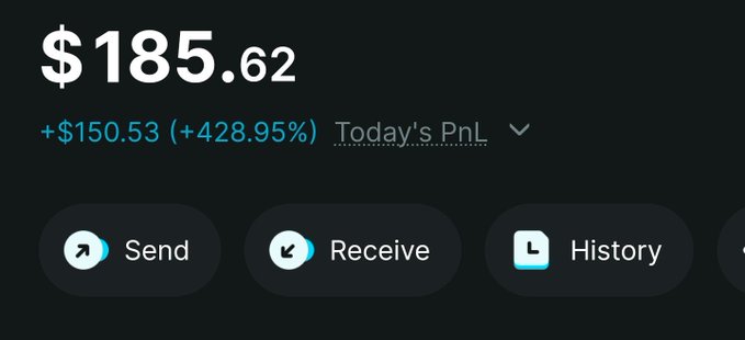 The image shows a crypto wallet balance displaying **$185.62** with a **Today's PnL of +$150.53 (+428.95%)**, featuring Send, Receive, and History buttons.

This appears to be a screenshot meant to showcase trading profits, posted as a flex to promote the creator's GM post and encourage others to share their Solana wallet addresses.