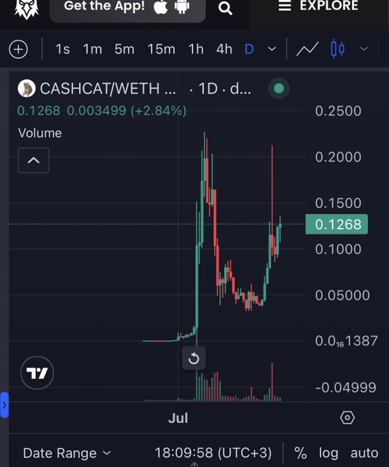 A TradingView candlestick chart for CASHCAT/WETH showing a price of 0.1268 (+2.84%), with a notable price spike and decline visible on the daily (1D) timeframe.