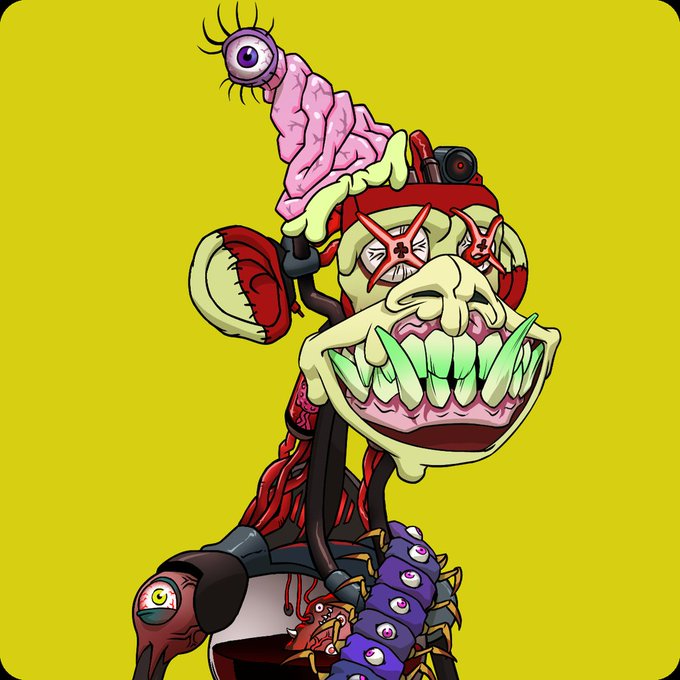 Grotesque cartoon illustration on a yellow background depicting a monstrous figure with a wide toothy grin, an exposed brain topped with an eyeball, and a spiked club.