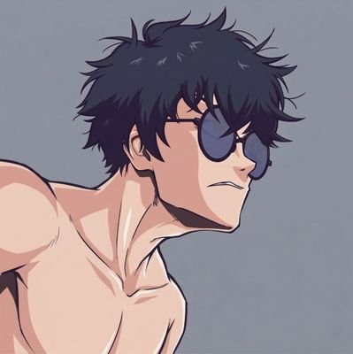 An anime-style portrait shows a shirtless young man with messy black hair and blue sunglasses looking off to the side against a plain grey background.