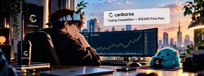 An anime-style illustration shows a character at a desk looking at trading charts, with 'canborsa' logos and text reading 'Trading Competition — $16,000 Prize Pool' visible.