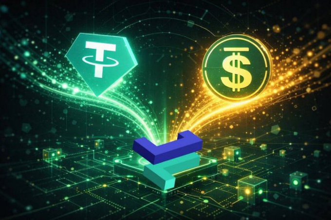 A digital graphic showing the Tether (USDT) logo and a dollar sign symbol emitting light streams that converge into a blue arrow-like structure on a circuit board background.