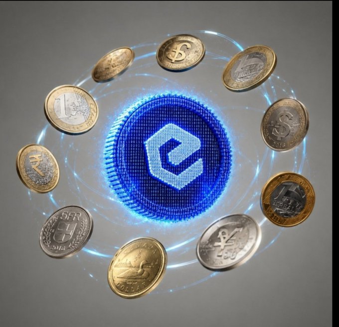 A digital illustration features various world currency coins (including Yen, Dollar, Franc, Rupee, and Rand) circling a glowing blue hexagonal 'e' logo.