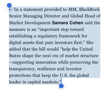 A text excerpt quoting BlackRock Senior Managing Director Samara Cohen on the importance of establishing a regulatory framework for digital assets that puts investors first.