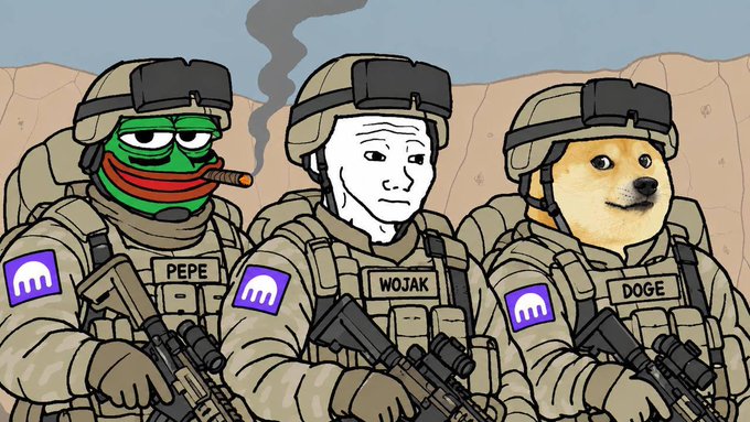 A cartoon illustration featuring Pepe the Frog, a Wojak, and Doge depicted as soldiers in military gear with rifles, with name tags reading 'PEPE', 'WOJAK', and 'DOGE' and logos resembling the Monopoly Man on their uniforms.