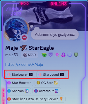 A digital profile card for 'Maje ⭐ StarEagle' (maje53) showing community memberships including 'Starbearer', 'Starbound', 'Star Booster', 'OG Star', 'Soneian', 'Astarnaut', and 'StarSlice Pizza Delivery Service', with an X/Twitter link.