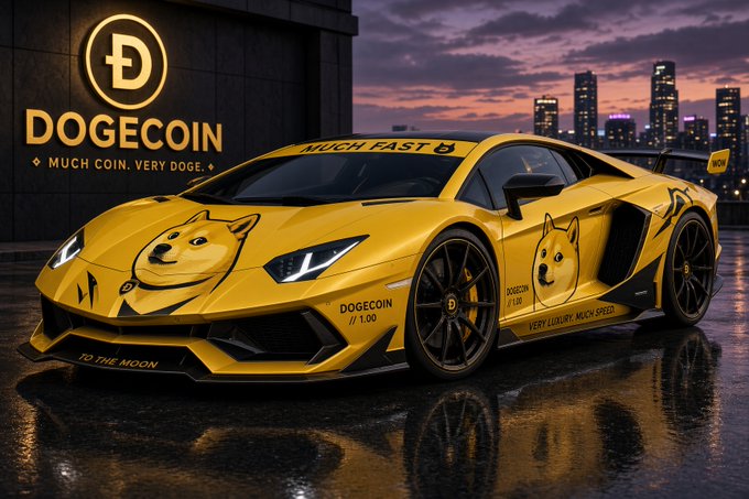 A yellow Lamborghini adorned with Shiba Inu and Dogecoin branding—including the "DOGECOIN" logo, "MUCH COIN. VERY DOGE." slogan, "MUCH FAST" windshield text, and "TO THE MOON" license plate—parked against a city skyline, visually capturing the crypto community's long-running "When Lambo?" dream and tying it to the $DOGE ticker referenced in the post.
