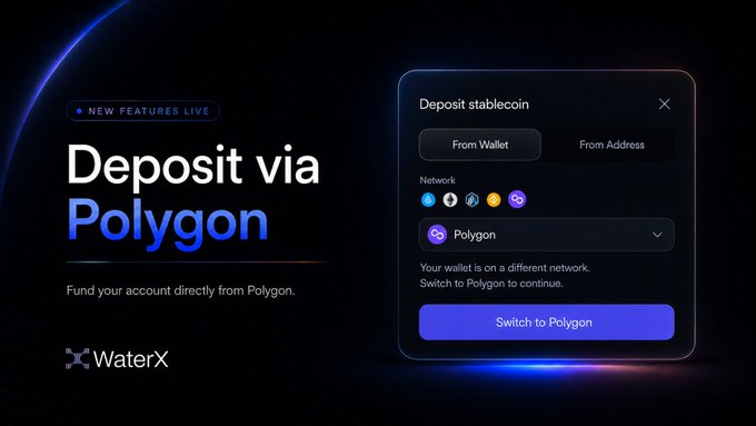 WaterX promotional graphic announcing 'Deposit via Polygon' as a new feature, with a stablecoin deposit interface.
