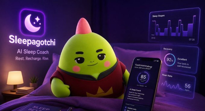 The image features a green stuffed animal character named Sleepagotchi sitting on top of a bed, holding a cell phone with sleep tracking data displayed on its screen. The text "Crypto spent years rewarding attention" suggests that Sleepagotchi is experimenting with something different and rewarding recovery habits in the form of sleep tracking.

The post also mentions an AI sleep coach named @SLEEPAGOTCHI, which implies that Sleepagotchi might be a part of an AI-based sleep coaching system or app designed to help users improve their sleep quality by monitoring and analyzing their sleep patterns using the cell phone's data.