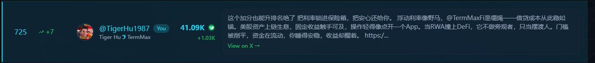 A screenshot of an X (Twitter) post from @TigerHu1987 with 41.09K followers, containing Chinese text promoting the RWA track on DeFi and TermMax.