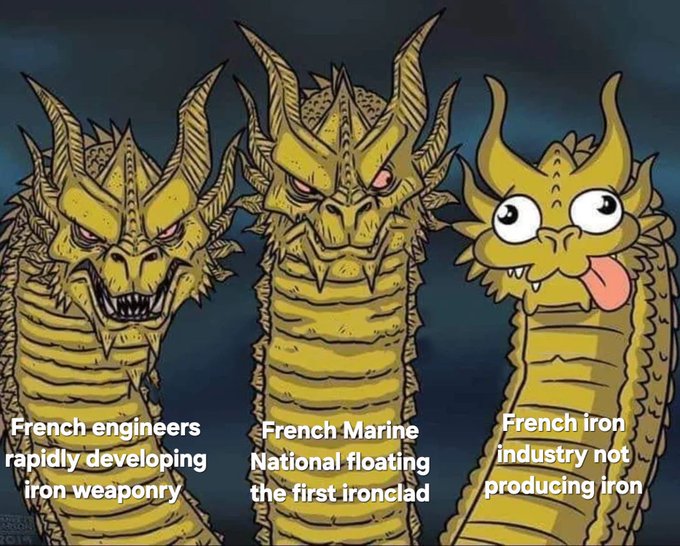The image features three cartoon dragons, each with different expressions and colors, standing next to each other against a dark background. The first dragon has an angry expression, while the second one appears sad or disappointed. The third dragon looks surprised. The text in the image reads "French engineers rained on French industry not producing iron", which seems unrelated to the dragons at first glance but could be interpreted as a metaphor for the dragons' emotions and actions.