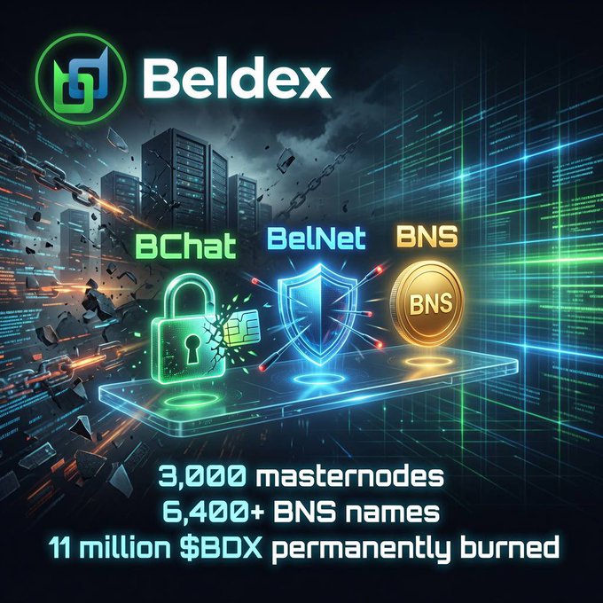 A promotional graphic for Beldex featuring its logo and showcasing BChat, BelNet, and BNS, with statistics noting '3,000 masternodes,' '6,400+ BNS names,' and '11 million $BDX permanently burned.'