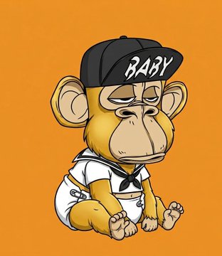 The image features a cartoon monkey sitting down with its feet up, wearing a diaper and a hat that says "baby" on it. The background of the image is orange, which contrasts nicely with the monkey's outfit. There are two other people in the image who appear to be looking at the monkey.