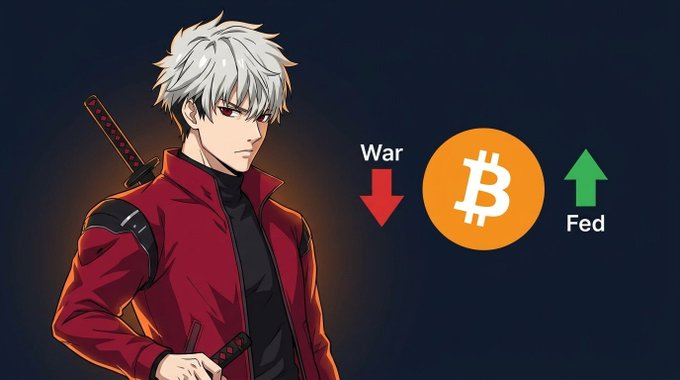 An anime-style character with white hair in a red coat stands beside Bitcoin (₿) graphic showing 'War' with a red down arrow and 'Fed' with a green up arrow, suggesting bearish crypto sentiment.