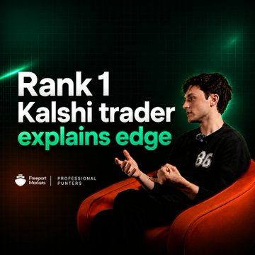 The image features an adult male wearing a black shirt sitting in an orange chair with his arms crossed. The background appears to be a mix of dark colors including black, green, and red. A text overlay at the bottom of the image reads "Rank 1 Kalshi trader explains edge", which is related to the professional punters series on this particular website.