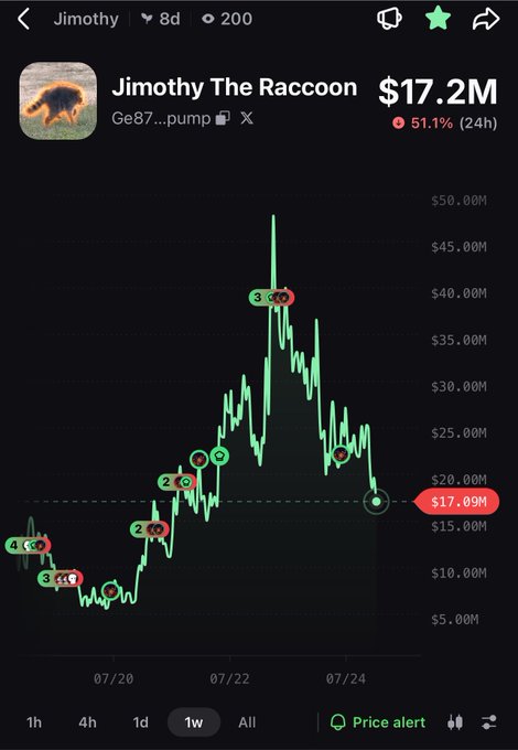 A trading chart shows 'Jimothy The Raccoon' (ticker: GeB7...pump) with a current price of $17.2M and 51.1% change over 24h, displaying price action from 07/20 to 07/24.