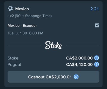 The image shows a Stake betting slip for a Mexico vs. Ecuador match on Tuesday, June 30 at 6:00 PM, featuring a CA$2,000 stake with a potential payout of CA$4,420.00 and odds of 2.21. Given the giveaway post's call for entries by reposting and tagging $USDT or @Stake, the image likely serves as the participant's bet slip entry to verify active wagering on the platform.