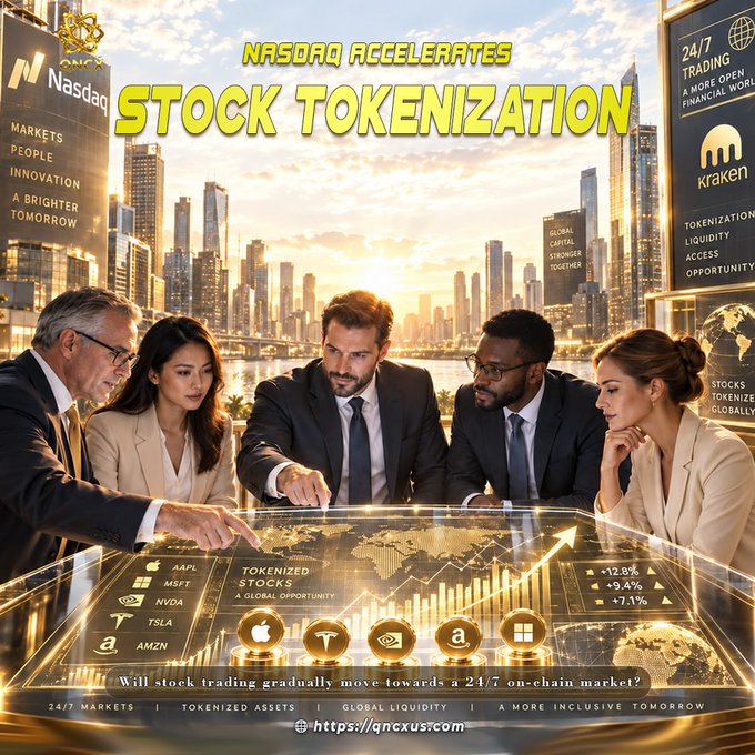 Five suited professionals gather around a futuristic holographic table displaying tokenized stocks like AAPL, MSFT, NVDA, TSLA, and AMZN, with banners highlighting Nasdaq, Kraken, and 24/7 trading as the city skyline glows behind them beneath the headline "Nasdaq Accelerates Stock Tokenization."