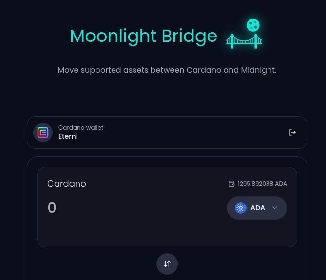 The image shows the "Moonlight Bridge" interface, a tool for moving supported assets between Cardano and Midnight networks, displaying a connected Cardano wallet ("Eternl") with an ADA balance of 1,295.892088 ADA ready for transfer. This visual supports the post's announcement about the bridge's upcoming mainnet launch, which will enable users to easily transfer Cardano native tokens to Midnight and back.