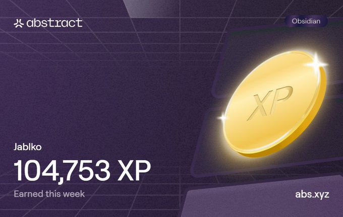 An XP earnings dashboard from Abstract showing user "Jablko" has earned 104,753 XP this week, featuring a large gold XP coin on a purple grid background.