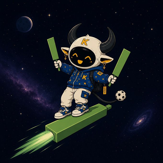 A cartoon horned mascot in a space helmet and "K"-branded hoodie rides a green rocket through the cosmos alongside a soccer ball, with the letter "K" prominently displayed—visually tying to the $KRON ticker as a meme coin character soaring "to the moon" in low-cap crypto fashion.